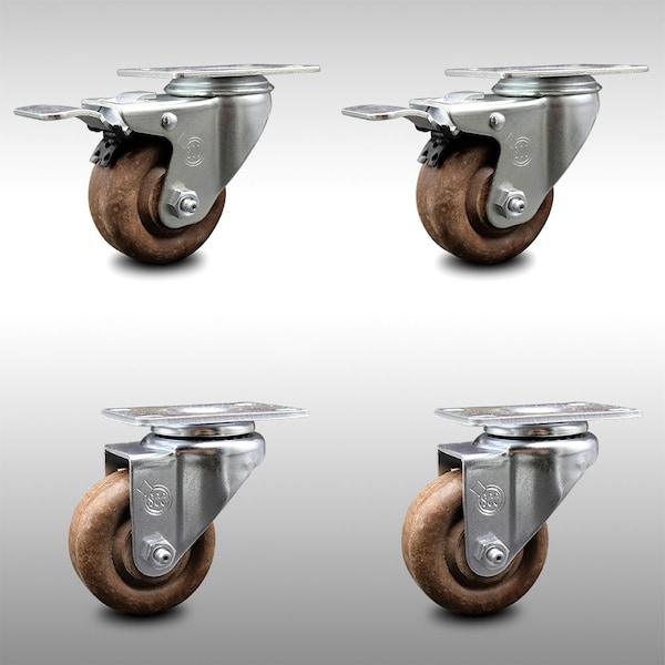 3 Inch SS High Temp Glass Filled Nylon Top Plate Caster Total Lock Brakes, 2PK